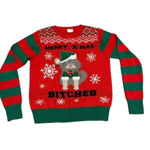 Women's Christmas Cat Ugly Sweater Red Striped Holiday Knit